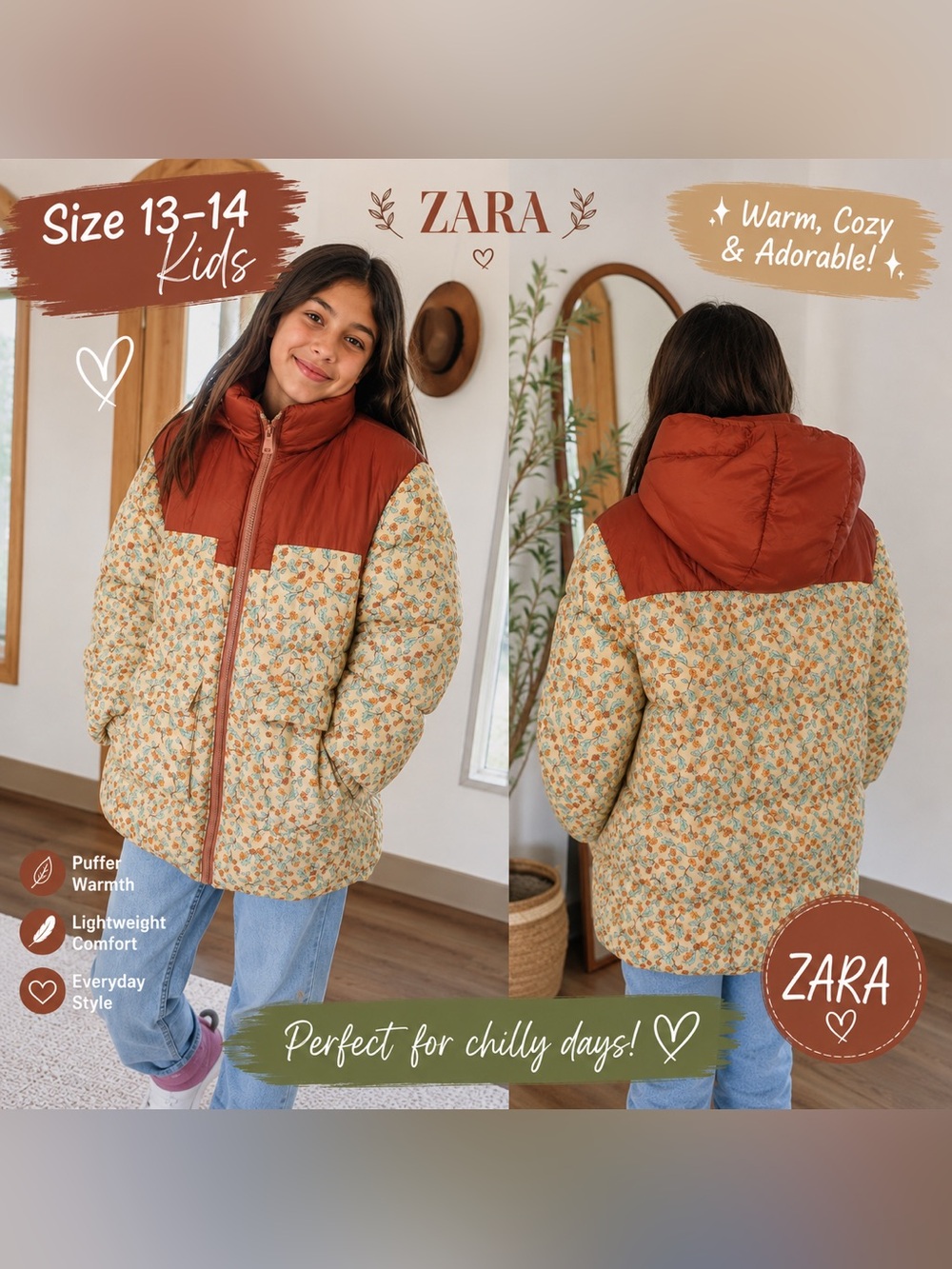 Zara Puffy Floral Print Coat Mid Length Hooded Girls Size 13-14